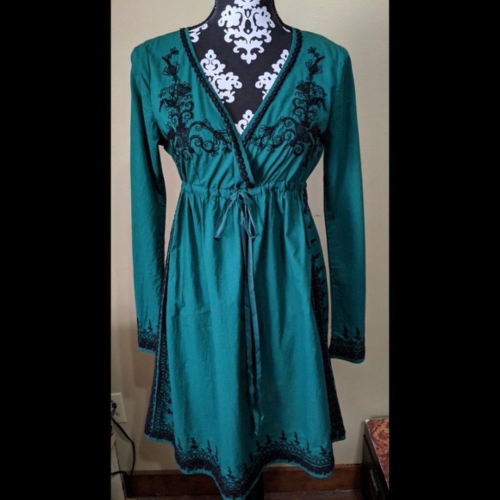 Lucky Brand emerald green embroidered boho dress